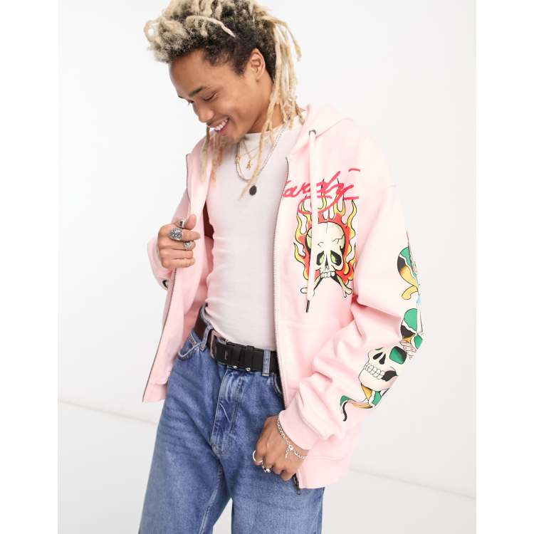 Ed Hardy relaxed zip through hoodie in pink with burning skull graphic |  ASOS