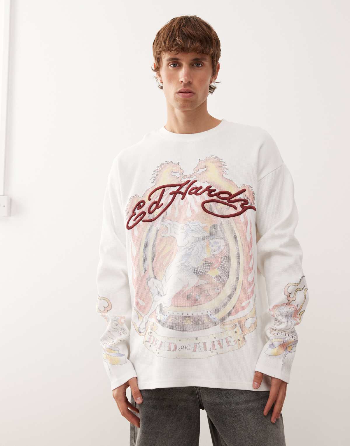 Ed Hardy ride into hell waffle t-shirt in off white