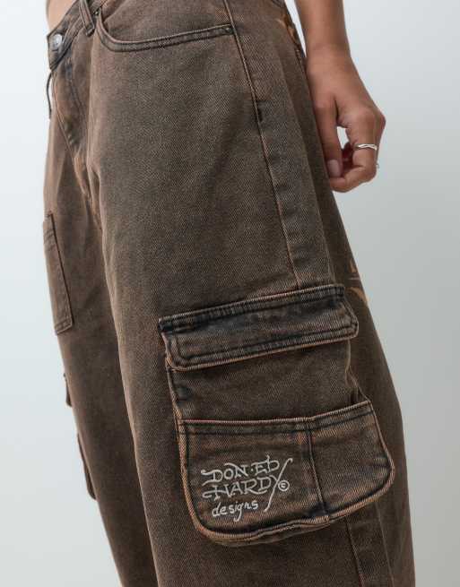 Ed Hardy rising phoenix cargo jeans in brown, 4 of 5
