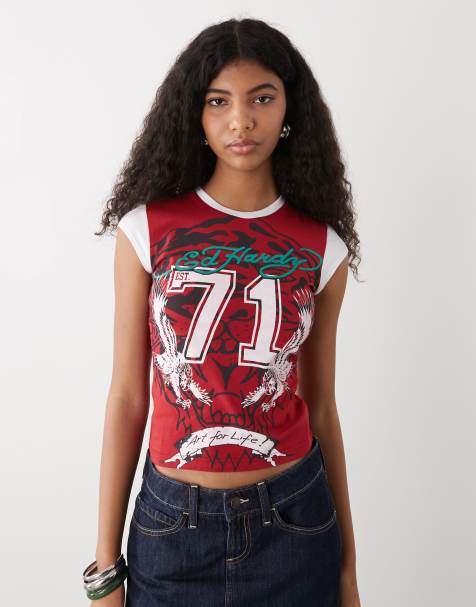 Ed Hardy roaring tiger ringer tee in red white