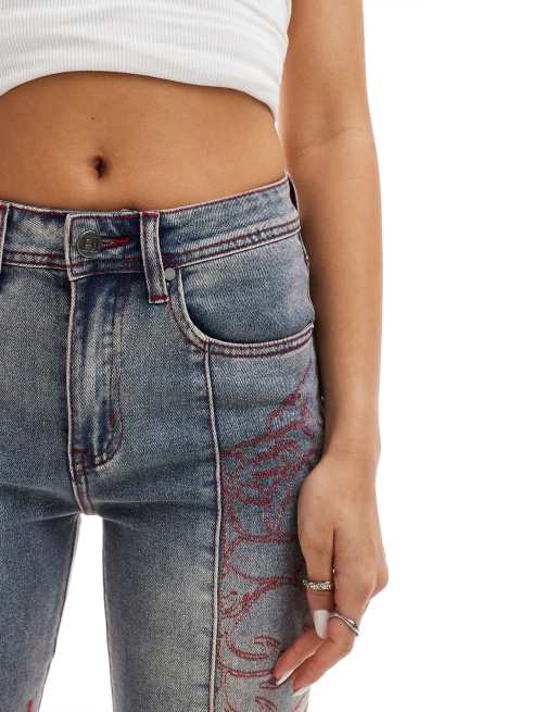 Ed Hardy rogue heart embroidered flare jeans in blue | ASOS