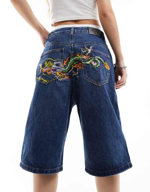 Ed Hardy - Ruimvallende denim short met lange pasvorm en draak op de billen in indigo