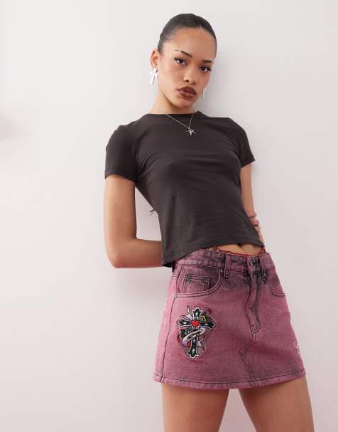 Ed Hardy seam detail mini denim skirt in washed purple