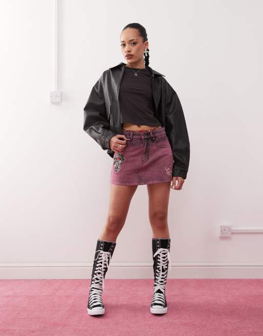 Ed Hardy seam detail mini denim skirt in washed purple | ASOS