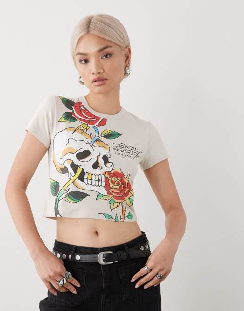 Ed Hardy skull climbing rose baby tee in ecru
