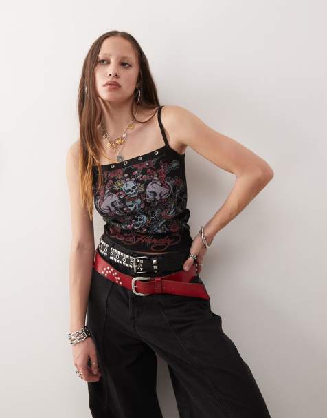 Ed Hardy skull print eyelet crop vest in black - view 1