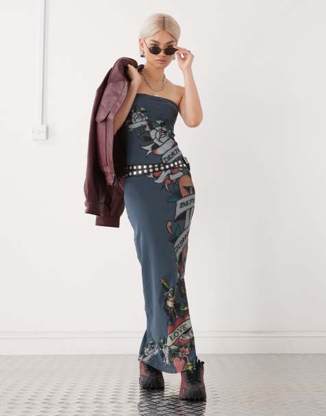 Ed Hardy slogan bandeau dress in charcoal