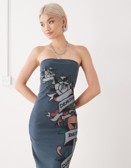 ed hardy bodycon dress Crawling Tiger Print Mesh Maxi Dress