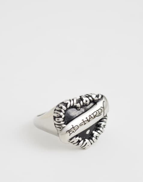 Ed Hardy small barbed heart signet ring in silver - view 1