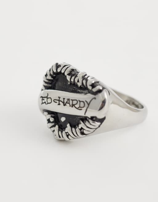 Ed Hardy small barbed heart signet ring in silver, 3 of 3