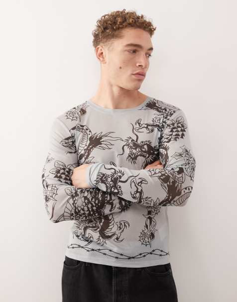 Ed Hardy snake and dragon long sleeve mesh t-shirt in grey