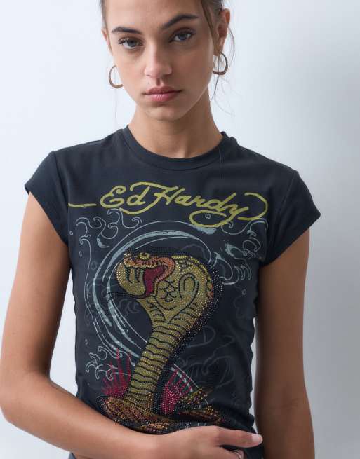 Ed Hardy snakebite cap sleeve tee in black, 3 of 5