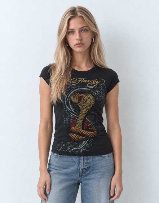 Ed Hardy snakebite cap sleeve tee in black, 9 of 10