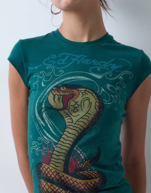 Ed Hardy snakebite cap sleeve tee in teal, 4 of 5