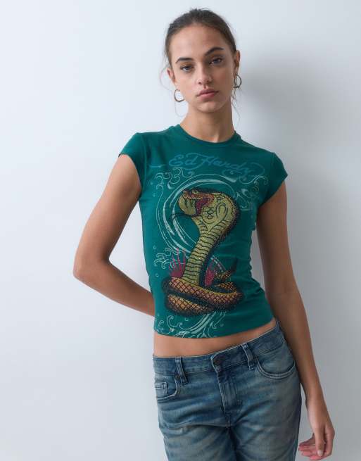 Ed Hardy snakebite cap sleeve tee in teal, 5 of 5