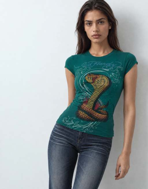 Ed Hardy snakebite cap sleeve tee in teal, 6 of 10