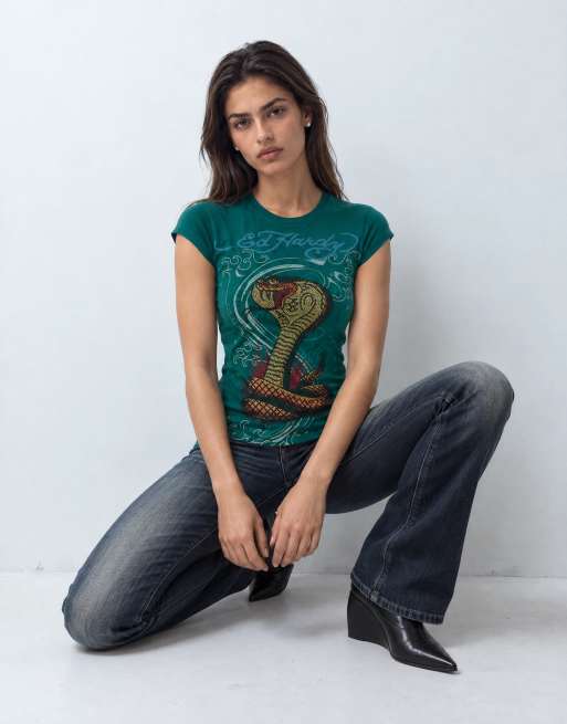 Ed Hardy snakebite cap sleeve tee in teal, 9 of 10