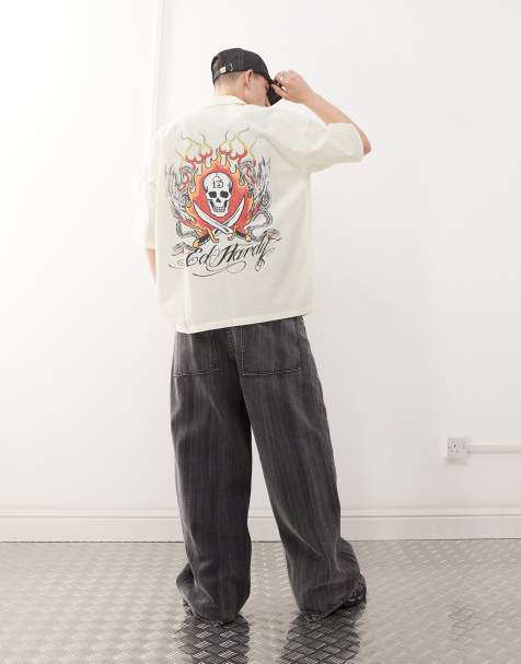 Ed Hardy snakes and skull flames printed shirt in beige