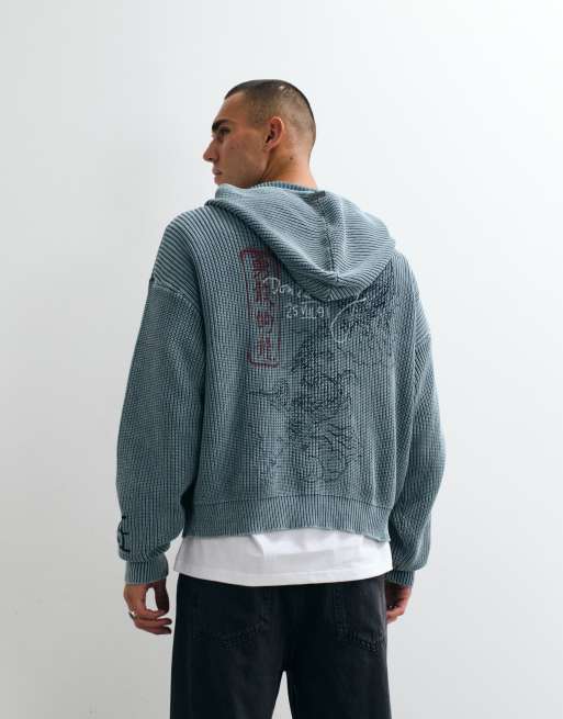 Ed Hardy soaring dragon knitted hoodie in blue, 4 of 5