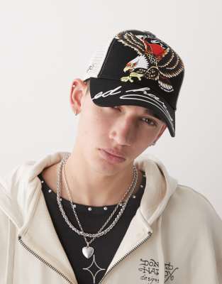 Ed Hardy soaring eagle script 5 panel cap in black | ASOS