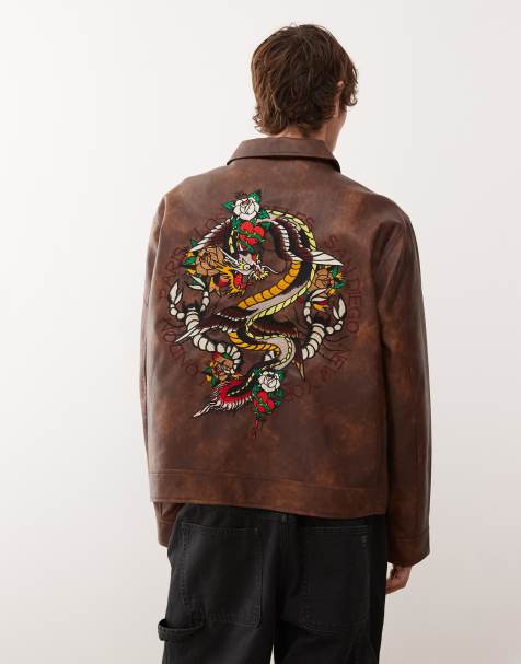 Ed Hardy soaring snake circle zip throguh vegan leather jacket in brown - view 1