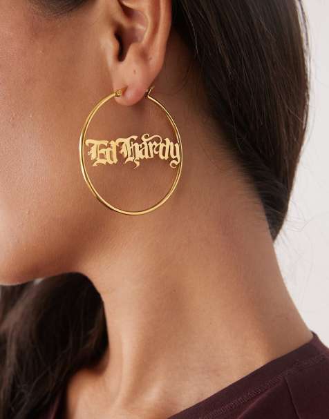 Ed Hardy stainless steel logo hoops in gold - view 1