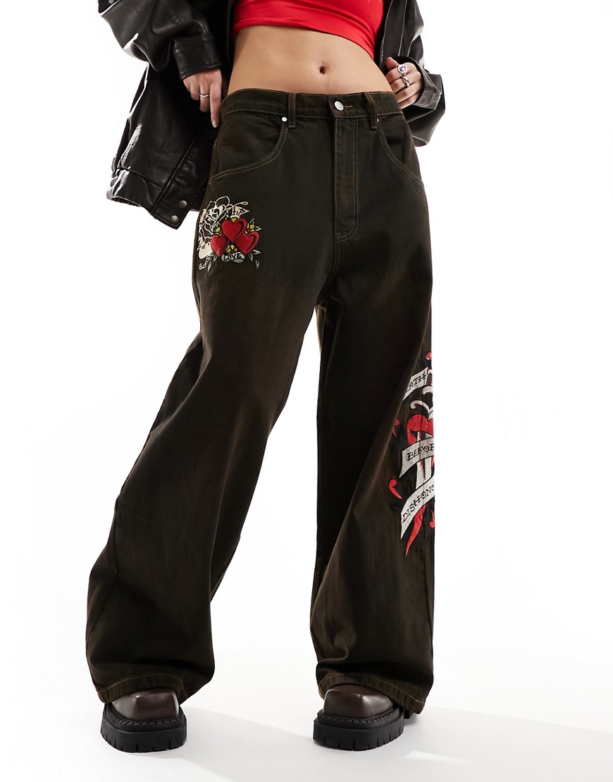 Ed Hardy super relaxed skater jeans with embroidery in orange washed black denim-Multi