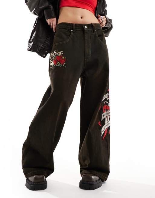 Ed Hardy - Superafslappede skater-jeans med orange broderi i vasket sort denim
