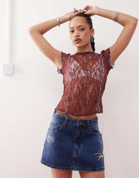 Ed Hardy swallow side wash low rise denim mini skirt in washed indigo - view 1