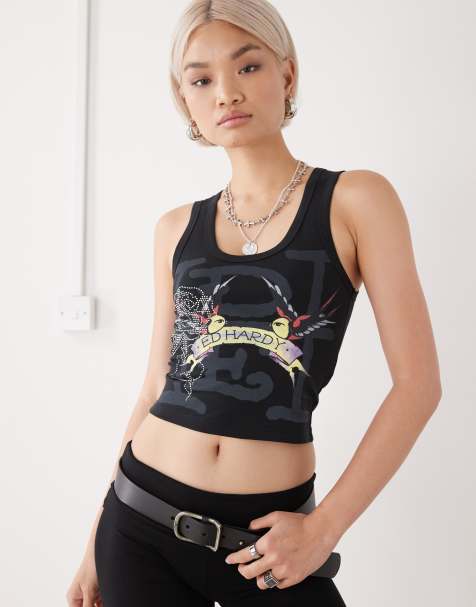Ed Hardy swallows scroll diamante vest in black