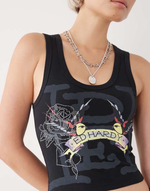 Ed Hardy swallows scroll diamante vest in black, 2 of 4