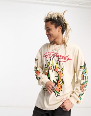 Ed Hardy long sleeve t-shirt with skull graphic in ecru - ASOS Price Checker
