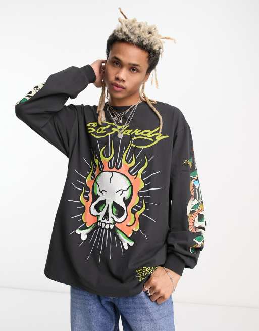 Ed Hardy T shirt met lange mouwen en schedelprint in vintage