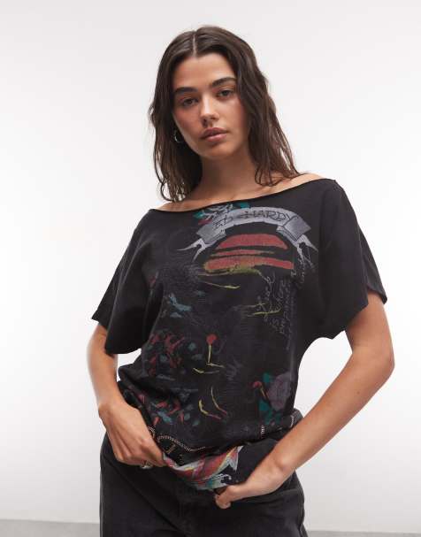 Ed Hardy T-shirt z odkrytymi ramionami z motywem latających żurawi czarny - view 1