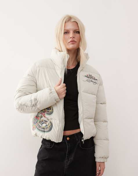 Ed Hardy tattoo puffer coat in sand - view 1
