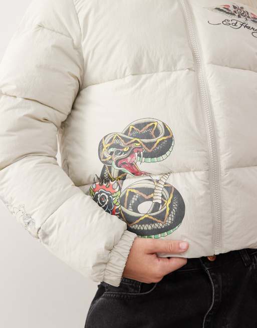 Ed Hardy tattoo puffer coat in sand, 2 of 4