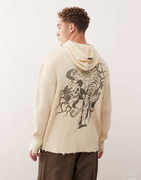 Ed Hardy tiger and snake in flames knitted hoodie in bleach - view 1