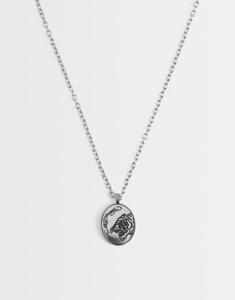 Ed Hardy tiger oval pendant necklace in silver - view 1
