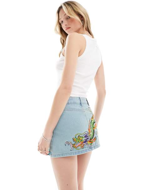 Ed Hardy tight fit micro denim mini skirt with blue embroidery and dragon bum