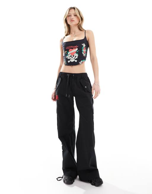 Ed Hardy - Top a corsetto con scollo squadrato, allacciatura sulla schiena e stampa di teschio, 3 di 4