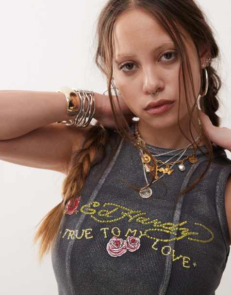 Ed Hardy true love diamante vest top in charcoal - view 1