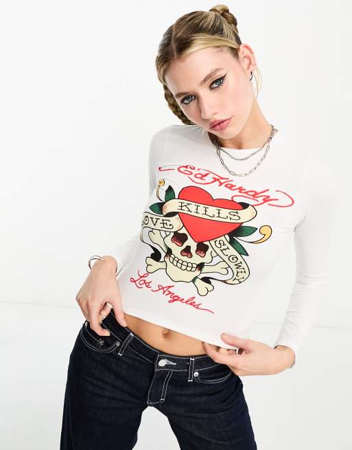 Ed Hardy - Tætsiddende, croptop med lange ærmer og rødt kranieprint