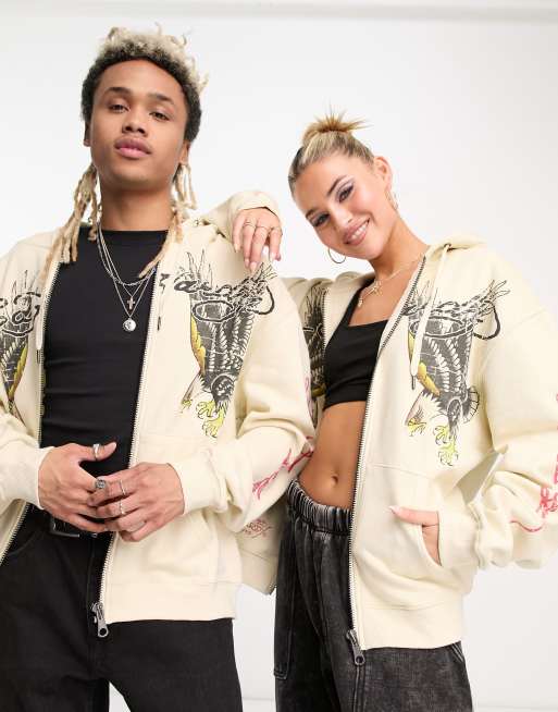 Ed Hardy Unisex - Afslappet hættetrøje i vintage-vask med lynlås og gylden ørnegrafik - Del af sæt