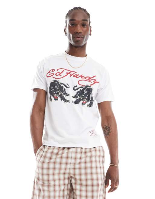 Ed Hardy unisex double panther logo t shirt white ASOS