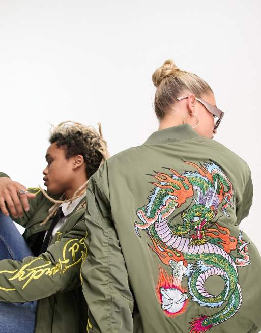 Ed Hardy Unisex relaxed bomber jacket in khaki with back embroidery