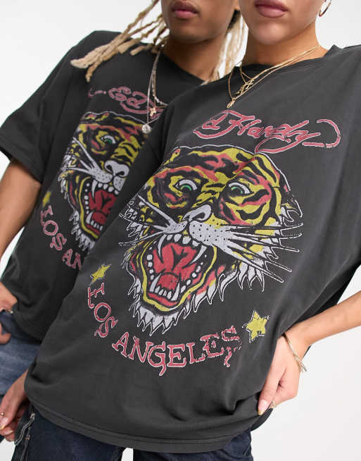 Ed Hardy Unisex relaxed t-shirt in washed black with LA tiger graphic