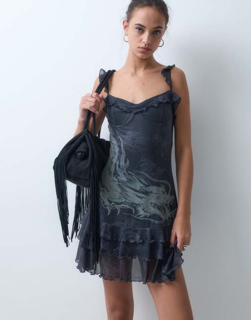 Ed Hardy vestido corto con volantes y dragón en llamas en negro, 3 de 5