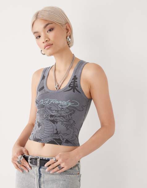 Ed Hardy vibrant dragon vest top in washed gunmetal
