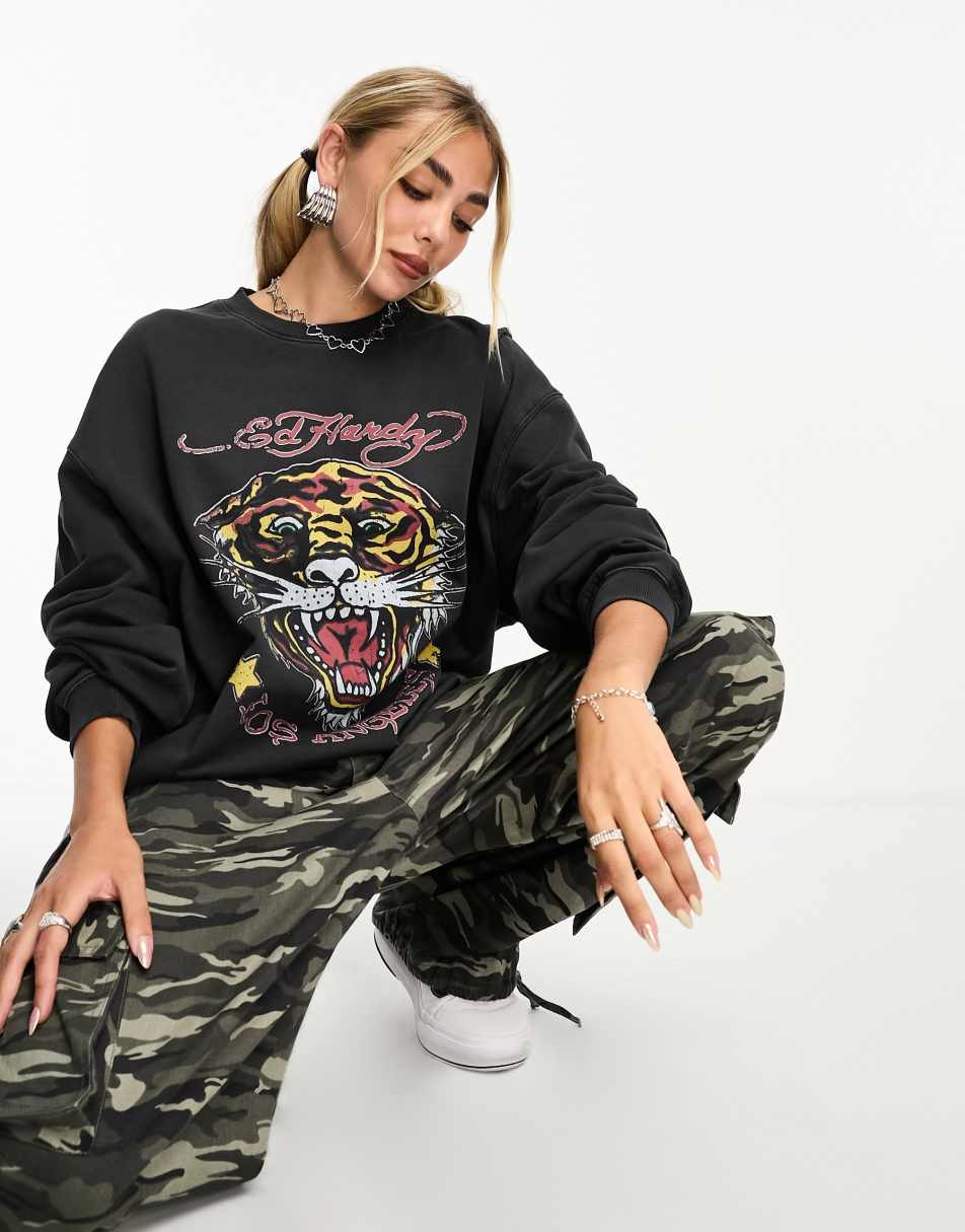 Ed Hardy vintage tiger print relaxed sweat in washed black