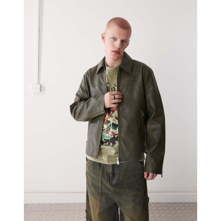 Ed Hardy vintage washed vegan leather motorcross jacket in green